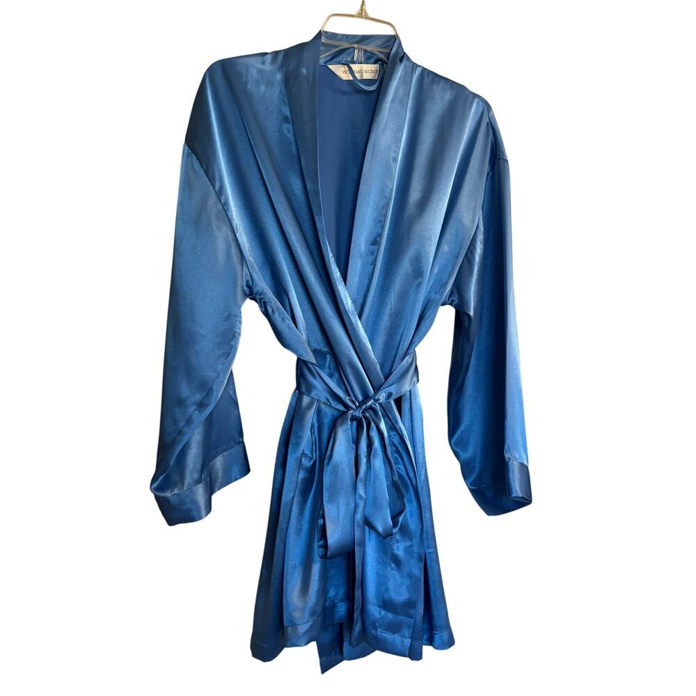 VTG 1996 Victorias Secret Blue Satin Kimono Robe Short Pink Heart Tag OS 90s